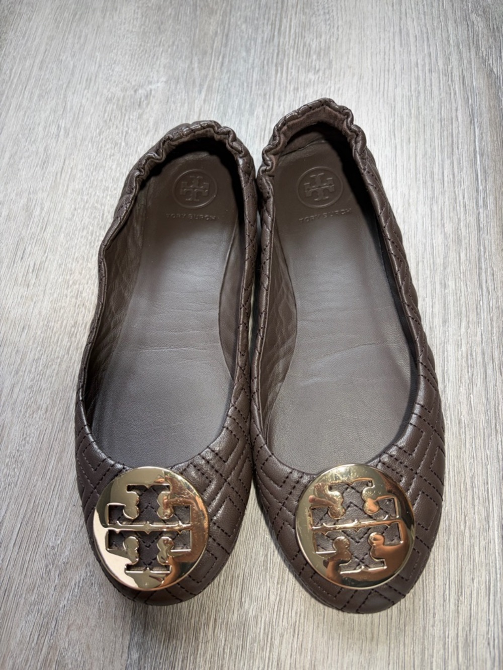 Tory Burch Quilted Minnie Espresso Leather Logo Ballet Flats